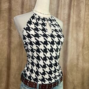 Vintage 90s Houndstooth Halter Top Choker Neck Black White Sequined Indie Club